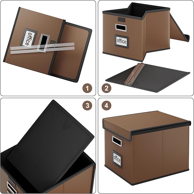 Faux Leather File Organizer Box with Lid, Collapsible Hanging File Folder Box Organizer with Plastic Slides, Decorative Home/Office Filing System Boxes for File and Folder Storage-Brown