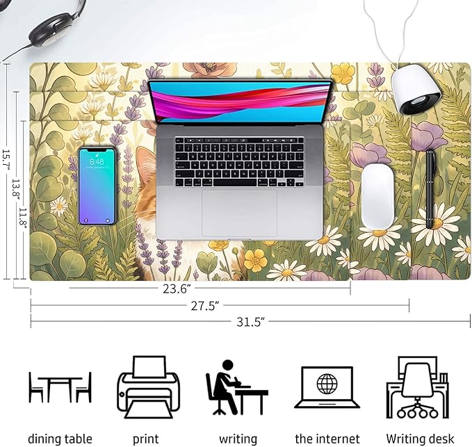 Cute Desk Mat, Kawaii Cat Floral Large Mouse Pad for Desktop, PU Leather Waterproof Desk Pad, Anti-Slip Computer PC Laptop Protector Gaming Mouse Pads for Office Home Decorations (23.6" x 11.8")