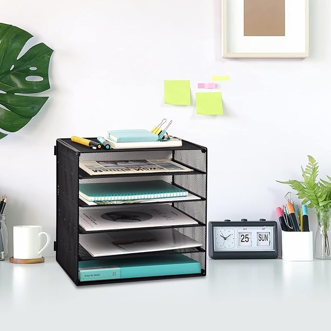 EASEPRES 5 Slot Mesh Desk Organizer Tray, File Paper Letter Folder Holder Desktop Paper Sorter Mail Organization Rack Storage Accessories, for Office Home School Classroom, Black