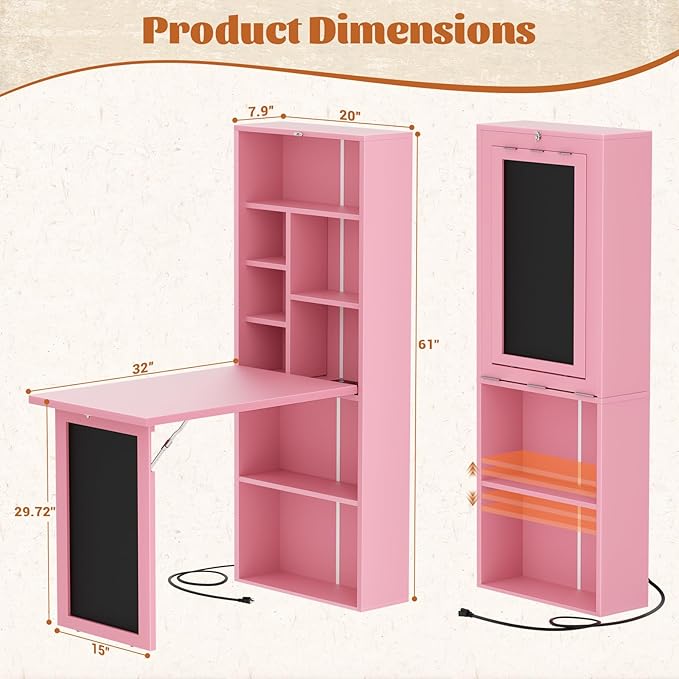 Armocity Small Folding Desk with Outlets, Convertible Writing Desk for Small Spaces/Home Office/Craft Room, Multi-Function Desk Workstation with Blackboard, Fold-Out Cabinet Table, Pink