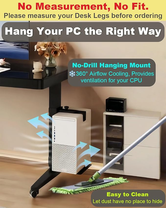 Under Desk PC Mount - No Drilling 40lb Capacity, Computer Holder Under Table, Adjustable Height and Width, Clamp-on Leg PC Mount for Standing Desks(Fits 65mm×45mm Legs only), with Non-Slip Pads, White