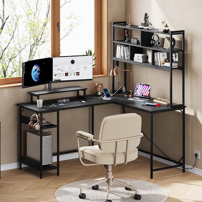 DEVAISE 60 Inch L Shaped Gaming Desk with Drawers and Storage, Corner Desk with LED Lights, Power Outlets, Computer Desk with Monitor Stand, Office Desk for Home, with Hutch, Black