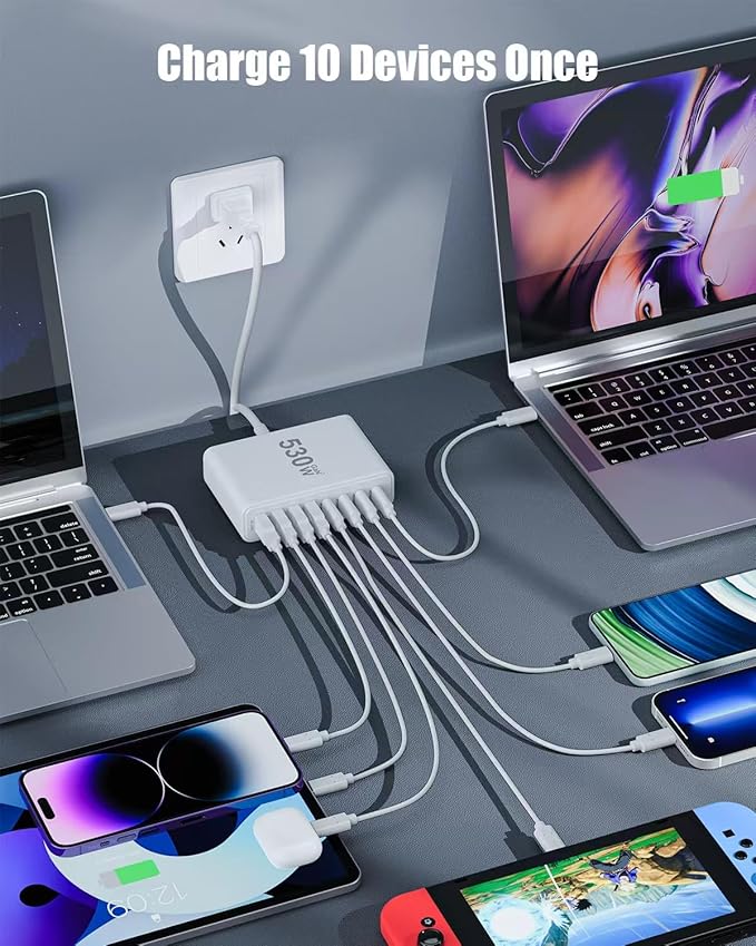 USB C Charger 530W USB C Charger Block,Upgraded GaN IV 10-Port Charging Station Hub,Travel Essentials 140W Fast Charging Laptop Adapter for MacBook Pro/Air,DELL,Steam Deck,iPhone 17/16,Galaxy S25/24