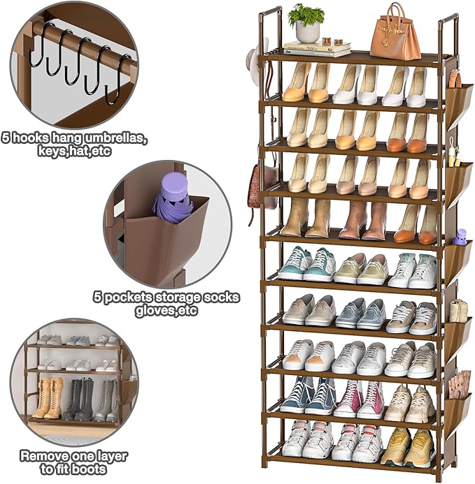LUKYTOWER Tall Shoe Rack - 10 Tier Organizer for Closet, 30-35 Pairs, Large Capacity with 5 Hooks and Side Pocket, Sturdy Shoe Shelf, Vertical Shoe Stand Tower