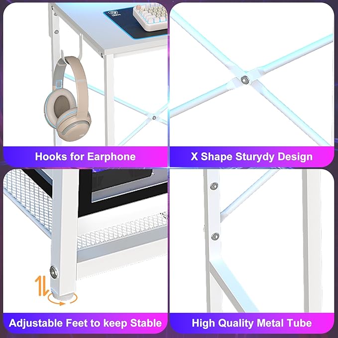 X-cosrack 33.5" Small Computer Desk with LED Lights & Outlets, Small Gaming Desk with Monitor Stand & CPU Stand, Teen Study Writing Table with Storage Drawer, Side Hooks for Bedroom, Home Office White