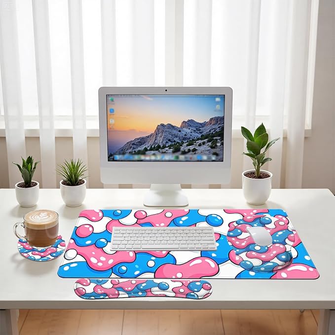 Abstract Desk Mat Set Bubble Pop Cartoon Pink Blue Large Mouse Pad with Wrist Rest 4in1 Desk Mat for Desktop Ergonomic Computer Desk Arm Wrist Anti-Slip Computer Mouse Pad Home Office Gaming