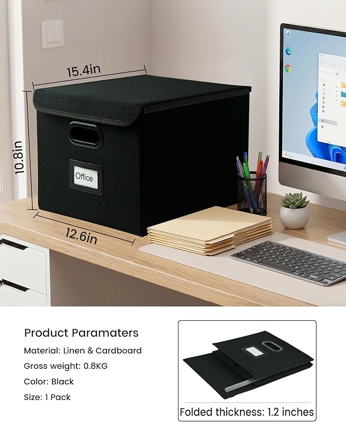 Qerlei File Organizer Boxes with Lids,Collapsible File Folder Organizer with Plastic Slide,Collapsible Filing & Storage Boxes for Office/Decor/Home (Black, 1 Pack)