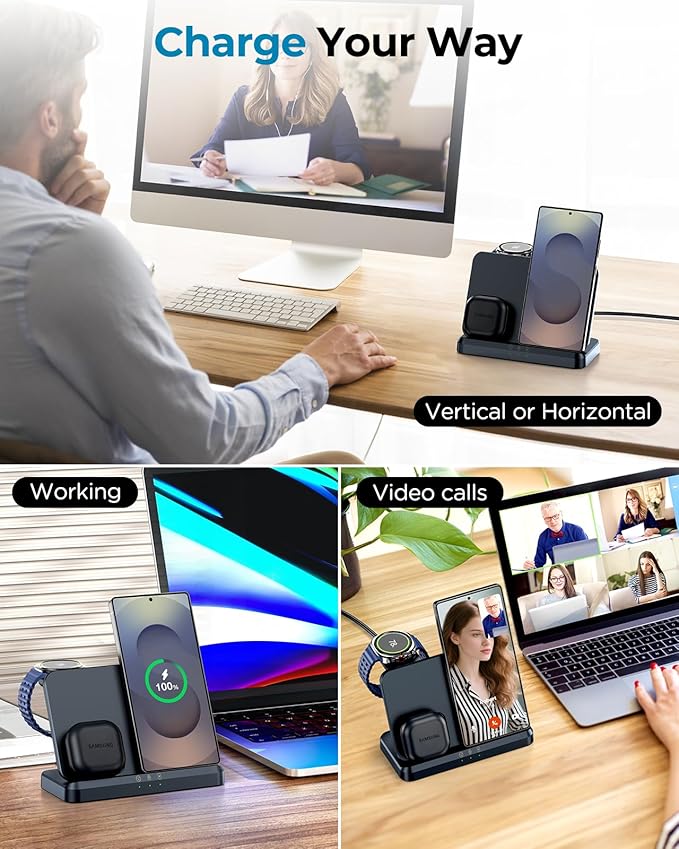 Wireless Charger for Samsung – 3 in 1 Wireless Charging Station for Galaxy S26 Ultra S25 S24, Z Fold Flip 7/6, Detachable Watch Charger for Galaxy Ultra 8/7/6, Foldable, Fast Charging, No Adapter