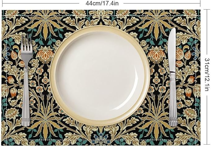 William Morris Floral Placemats Vintage Flower Art Style Boho Chic Retro Floral Linen Washable Table Mats Stain Heat-Resistant Desktop Decor Place Mats for Home Kitchen Dining Party 12x18 in 6 Pcs