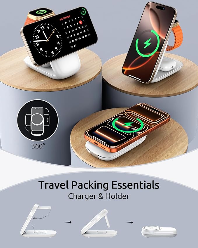 3-in-1 Wireless Charging Station for MagSafe,Foldable Magnetic Stand for iPhone 17/16/15-12 Series, Apple Watch/AirPods,15W Fast Wireless Charger - Ideal for Home/Office/Travel