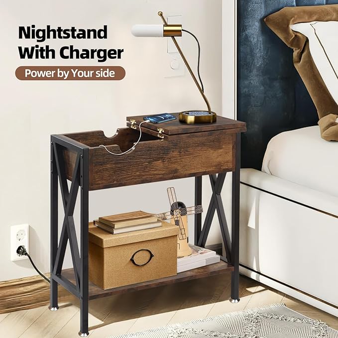 TooCust End Tables Living Room Set of 2, Narrow Side Table with Charging Station, 12" D x 24" W x 24" H, Flip Top End Table with USB Ports and Outlets, Couch End Tables Set of 2, Steel X-Shaped Frame