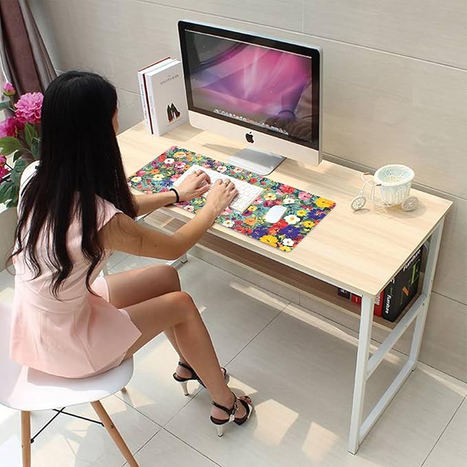Colorful Watercolor Floral Large Mouse Pad Desk Mat, 27.5x11.8in Vibrant Spring Flower Extended Keyboard Mousepad with Stitched Edges, Non-Slip Waterproof Rubber Base for Office, Computer & Laptop