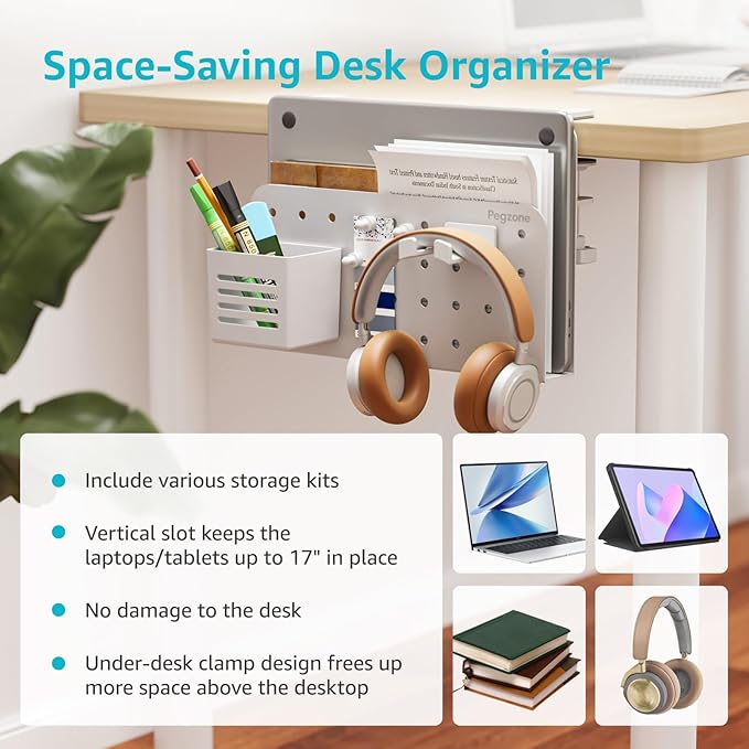 PEGZONE Desk Side Storage Organizer, No Drill Under Desk Laptop Holder, Clamp on Desks Shelf with Pegboard Accessories, Hanging Laptop Mount, Fits Flat Edge 0.4" to 2.2", White
