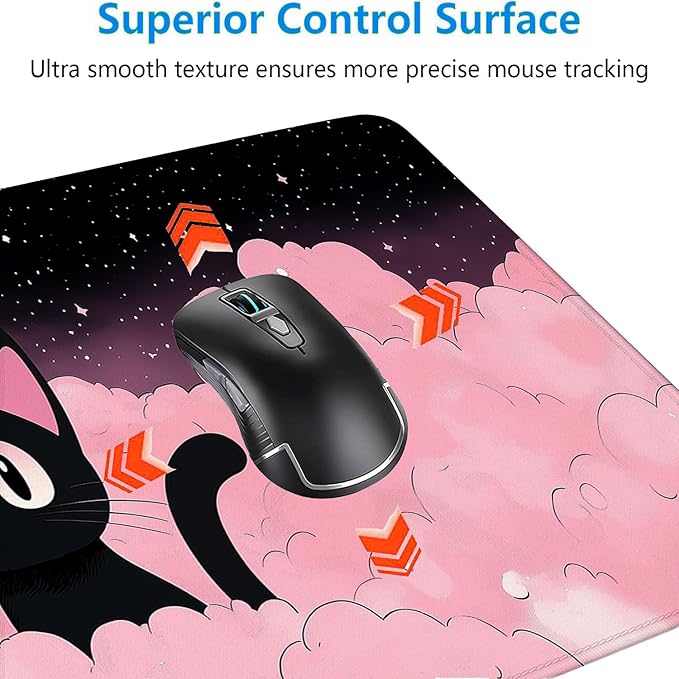 Cute Black Cat Gaming Mouse Pad Cartoon Galaxy Pink Clouds Kawaii Mousepad Extended Large Laptop Keyboard Non-Slip Rubber Base with Stitched Edges for Home 31.5x11.8 Inch