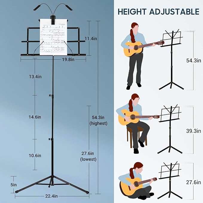 CAHAYA Dual-Use Reinforced Folding Sheet Music Stand with Stand Light & Desktop Book Stand Lightweight Portable Adjustable with Carrying Bag Including Music Sheet Clip Holder