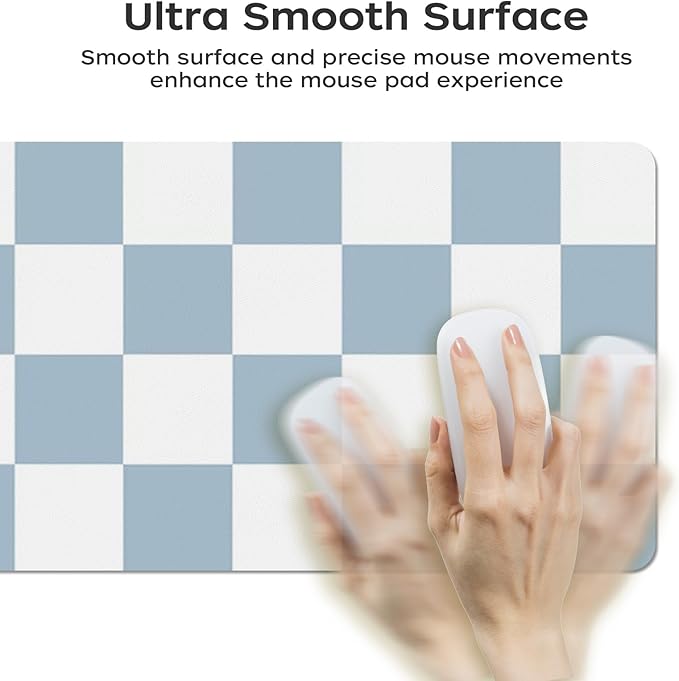 Large Checkered Desk Mat 35.4" x 15.7", PU Leather Desk Pad Protector, Large Mouse Pad for Desk, Non-Slip Blue Desk Mat, Waterproof Writing Pad for Office and Home