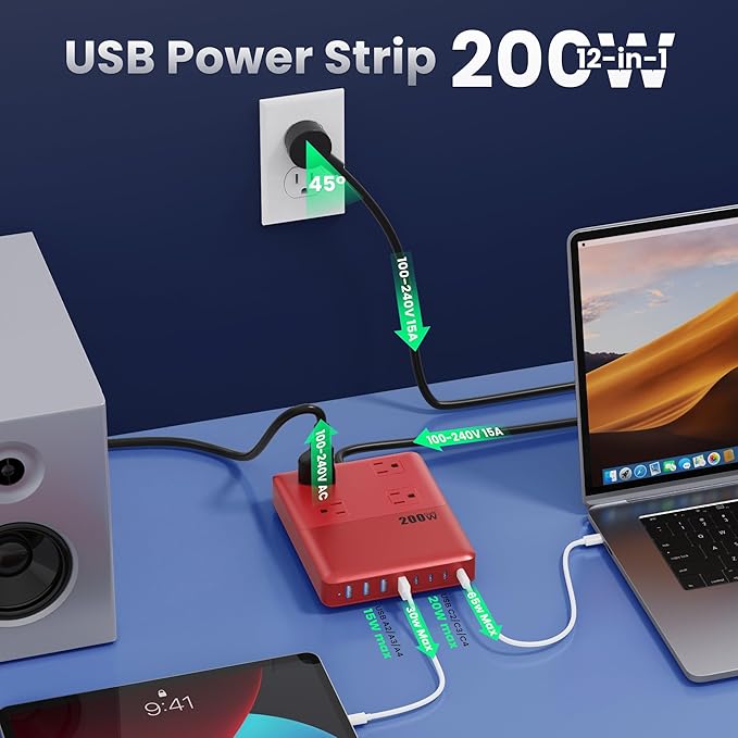 200W Charging Station,12-in-1 USB C Power Strip with Flat Plug and 5ft Extension Cord,4 AC Outlets,4 USB-A,4 USB-C Ports for iPhone 17/16/15,65W PD Fast Laptop Charger for MacBook,Home,Office (Red)