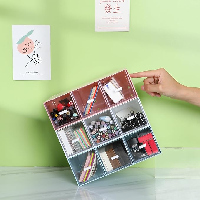 Desktop Drawers, Desk Organizer with 9 Drawers, Stackable Plastic Storage Box for Home Collection, Cosmetics, Jewelry, Office Supplies (3 Tiers, Mixed Colors)