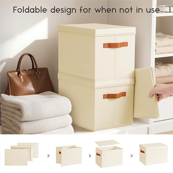 Homsorout Storage Bins with Lids - Fabric Storage Baskets for Shelves, 8 Pack Foldable Decorative Boxes with Handles, Stackable Organizer Bins for Home, Nursery, Dorm, Beige