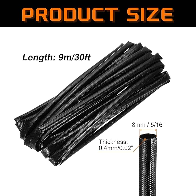 MECCANIXITY 30ft Braided Cable Sleeve, 5/16" ID 200C Heat Resistant 1500V Fiberglass Wire Insulation Cord Protector Organizer Wires Management for Motor Engine Fuel Line, Black