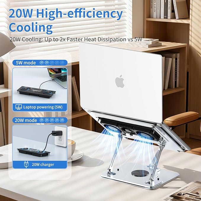 Laptop Cooling Pad with Detachable Fan & Cooler, 2-in-1 Laptop & Phone Stand, Adjustable Angle, 360° Rotatable Base, Carbon Steel, Ultra-Quiet & Super Sturdy for Laptop (Silver Gray)