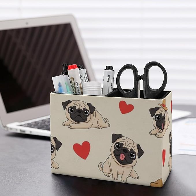 Stylish PU Leather Pen Pencil Holder Red Love Heart Pug, Must-Have Desk Accessory