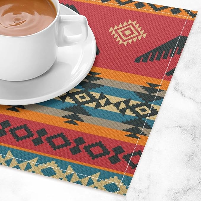 Vintage Aztec Southwest Placemats Ethnic Style Design Boho Geometric Pattern Linen Washable Table Mats Stain Heat-Resistant Desktop Decor Place Mats for Home Kitchen Dining Party 12x18 in 6 Pcs