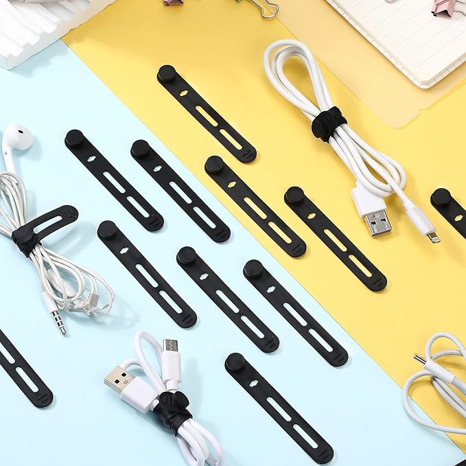 Tellegloww 42 Pcs Silicone Cable Ties Reusable Cord Organizer Adjustable Data Cable Wraps for Earphone Phone Charger Computer Cord Management Straps Travel Essentials(Black,3.15 Inch)