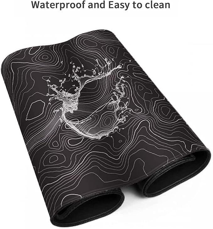 AQQA Topographic Gaming Mouse Pad (31.5 x 11.8 in) | Large Extended Desk Mat | Minimalist Black & White Contour Line Design | Non-Slip Rubber Base, Waterproof, Stitched Edges | for Gaming, Office