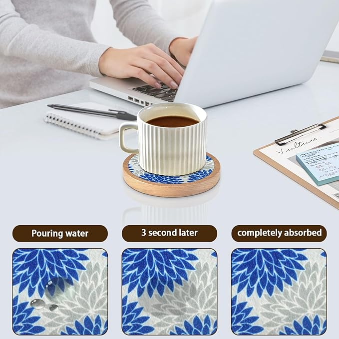 Wood Coasters Set of 6 with Holder, Cewiru Cup Mat for Drinks, Absorbent Coasters with Felt Insert for Coffee Table Protection, Modern Style Home Dining Table Decor, 4.3" Blue