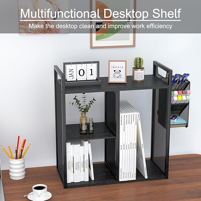 PAG Desktop Shelf Freestanding Bookshelf with Pencil Holder, Office Supplies Organizers and Accessories Storage Display Rack, Black