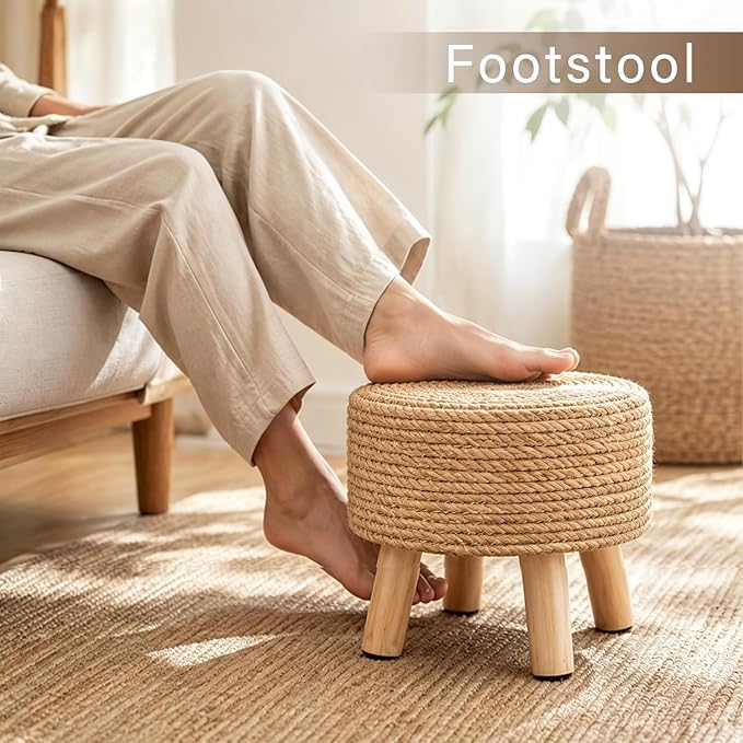 Wimarsbon Round Foot Stool Natural Seagrass Poufs Ottoman Hand Weave Footrest Stool for Couch Desk Extra Seat Step Stool with Solid Wood Legs for Hallway Patio Lounge Natural