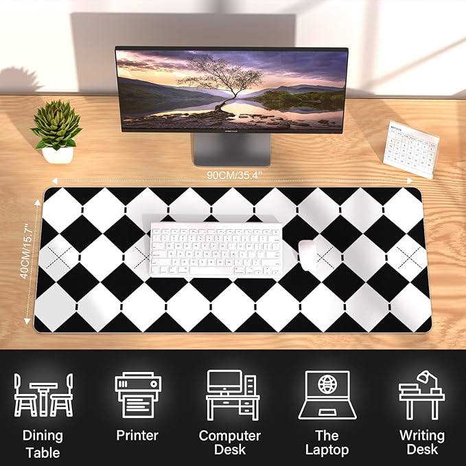 Checkered Desk Pad – PU Leather Desk Pad Protector, Non-Slip Office Desk Mat for Desk, Waterproof Desk Blotter Pad, Easy Clean Laptop Writing Mat for Work/Home/Decor (35.4" x 15.7", White Black)