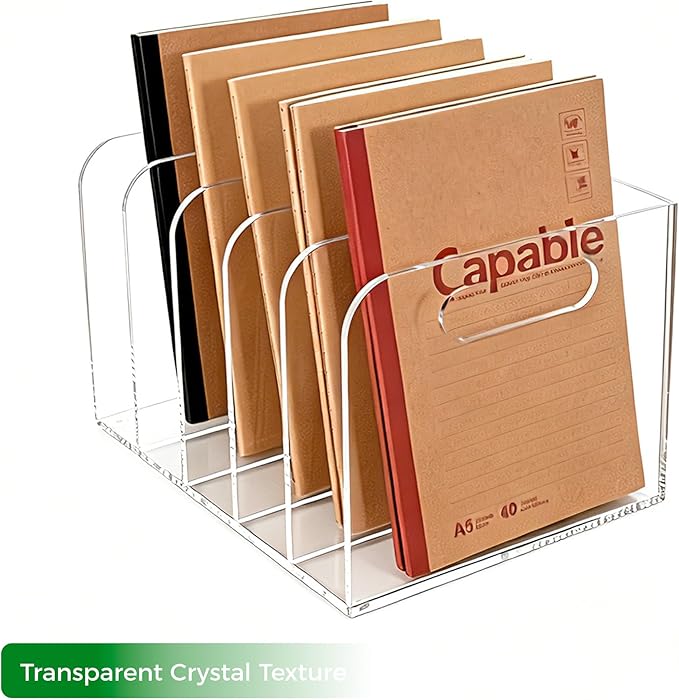 Lovemolly 5-Slot Clear Acrylic Magazine File Holder, Vertical Desk Organizer with Handle – No-Assembly Document Sorter for Office & Home, 7.48 x 10.04 x 6.3 in