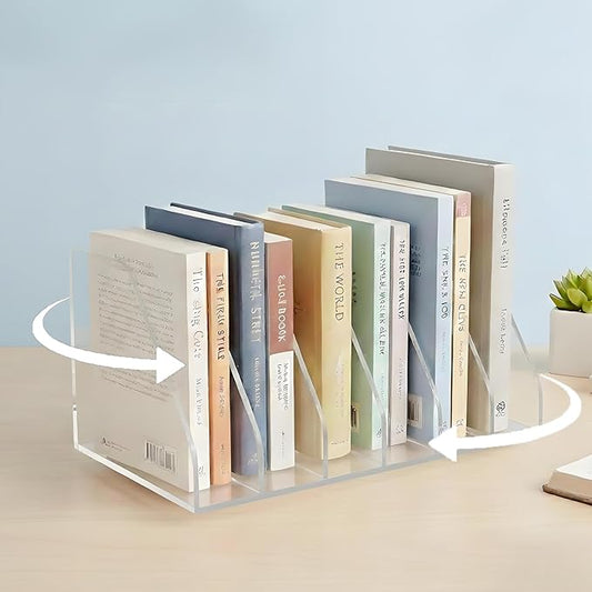 LIYAOLI Rotating Acrylic Book Organizer, 360° Spinning 6 Compartments Desktop Magazine File Holder, Vertical Storage for Books, Binders, Notebooks & Magazines, Clear Desk Organizer for Home Office