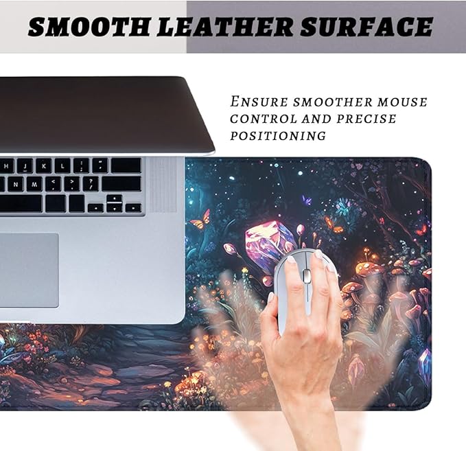 Mushrooms Mouse Pad Fantasy Crystal Butterflies Flowers Large Gaming Mouse Mat with Stitched Edges,Non-Slip Waterproof Rubber Base Mous Mat 31.5x11.8 in