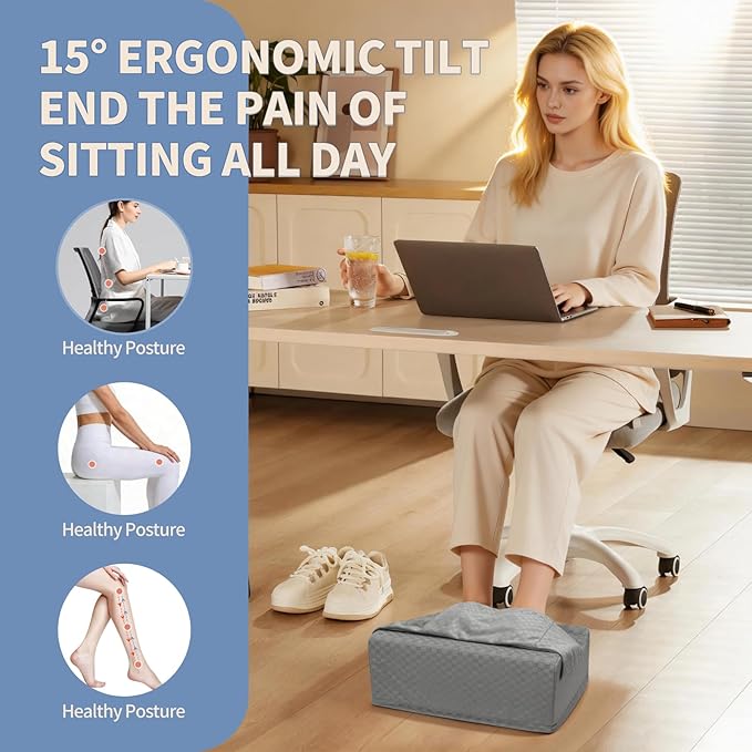 Ergonomic Foot Rest for Under Desk at Work – 15° Tilt Angle Under Desk Footrest with High-Resilience Foam, Velvet Top & Non-Slip Base, Comfortable Foot Stool for Office Chair and Home, Grey