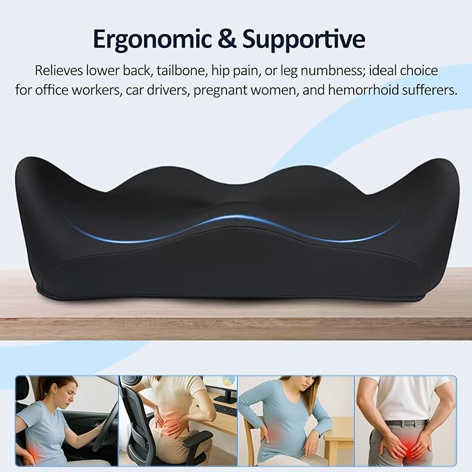 X Large Memory Foam Seat Cushion for Office Chair, High-Density Pad with Non-Slip Bottom and Adjustable Strap, Tailbone Pressure Relief for Long Sitting, Desk Work, Car, Wheelchair, Black