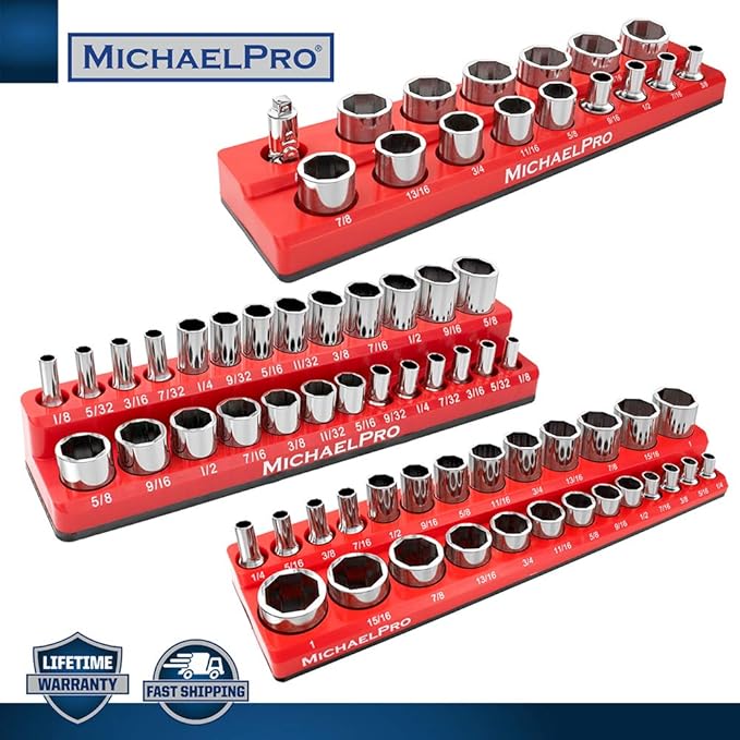 MichaelPro MP014003 3-Pc Magnetic Socket Organizer- 1/4-inch, 3/8-Inch & 1/2-Inch Drive Magnetic Socket Holder Kit in SAE, Professional Grade Socket Organizers for Toolboxes/Cabinets (SAE), Red