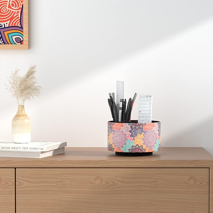 Round Leather Art Supply Organizer,Remote Control Holder,360 Degree Rotating,Multi-Functional Pencil Holder,4 Compartments Desktop Stationary Organizer(1-Colorful Flower)