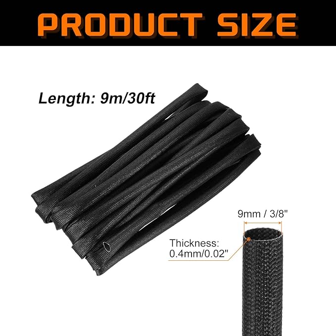 MECCANIXITY 30ft Braided Cable Sleeve, 3/8" ID 200C Heat Resistant 1500V Fiberglass Wire Insulation Cord Protector Organizer Wires Management for Motor Engine Fuel Line, Black