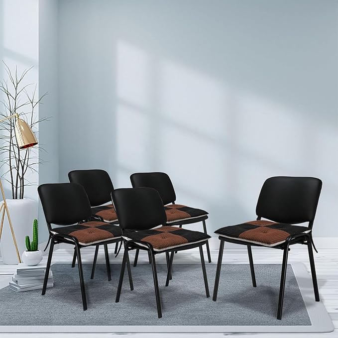 Office Stacking Chair Cushion with Ties, Corduroy High Density Foam Non-Slip Kitchen Seat Cushion, Square 17" x 17" Indoor Dining Chair Pads, Black+ Brown, 1 PCS