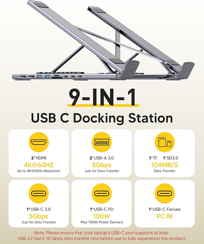 USB C Laptop Docking Station Stand, Dual Monitor 4K@60Hz, 9 in 1 USB C Hub with 2 HDMI, 2 USB 3.0, PD 100W, Universal Dock Station for MacBook Pro/Air/Dell/HP/Surface/Lenovo