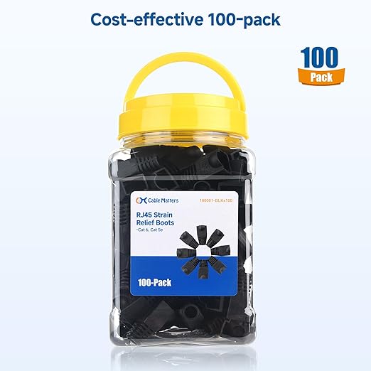 Cable Matters 100-Pack Cat6 / Cat5e RJ45 Strain Relief Boots, RJ45 Boot, Cat 6 Boot, Cat6 Ethernet Boots, Black, Suitable for 6.5mm (0.25in) Ethernet Cables