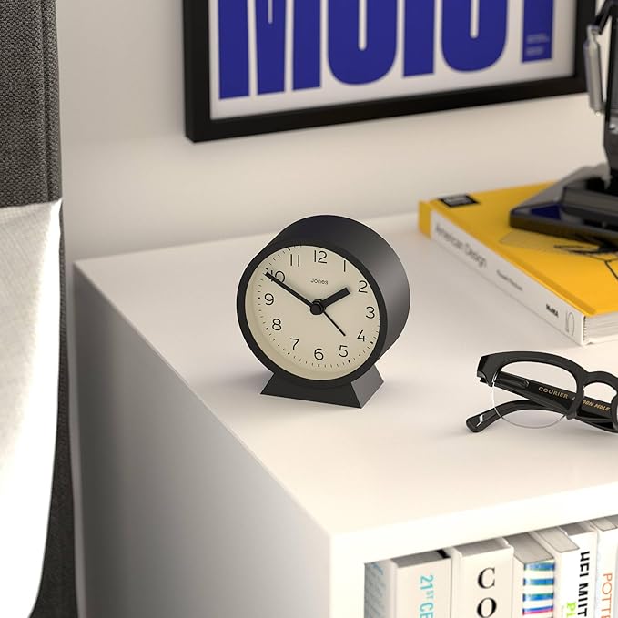 JONES CLOCKS® Midnight mini Alarm Clock | Contemporary Design | Black | Stylish, Compact and Functional for Bedside, Desk or Shelf