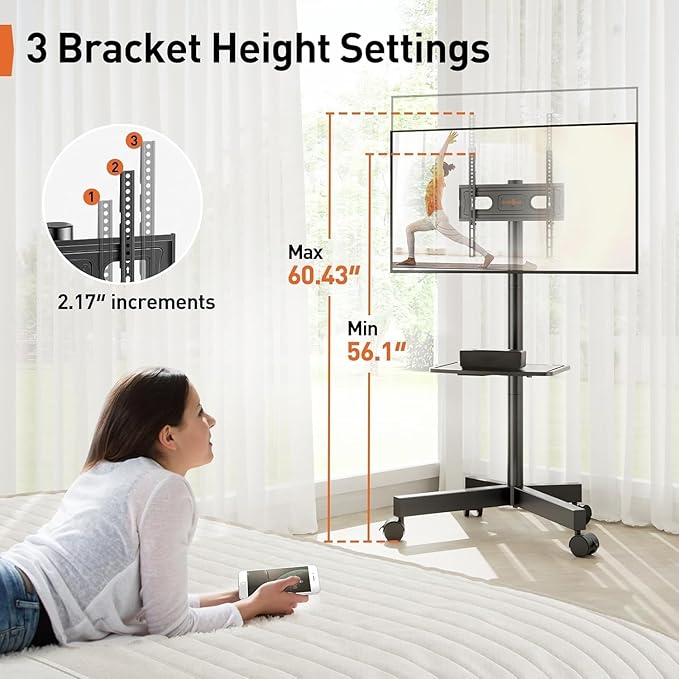 Perlegear Rolling TV Stand for 23-60 Inch LED Flat Screen/Curved TVs up to 88lbs,Mobile TV Stand Wheels with Height Adjustable Portable Rolling TV Cart Max VESA 400x400mm PGTVMC06
