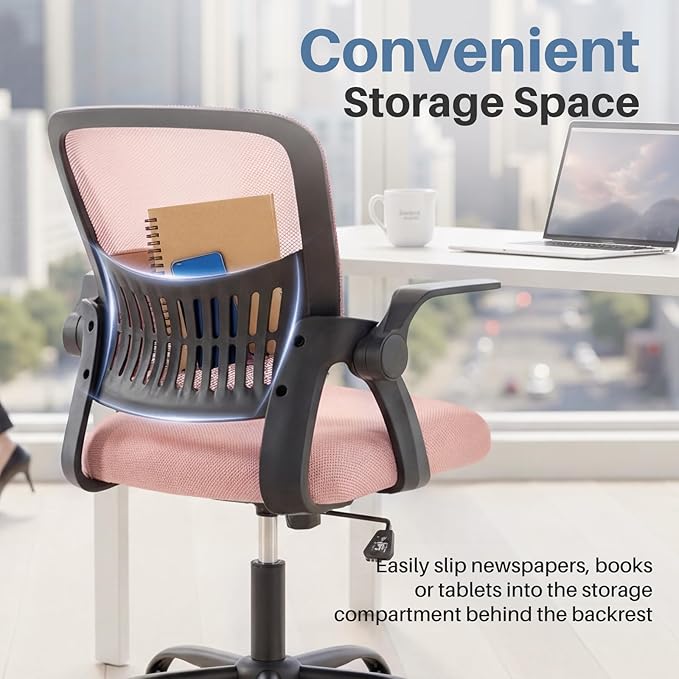 DUMOS Home Office Desk Chair - Ergonomic Computer Mesh Chair with Lumbar Support & Rocking Mode, Height Adjustable with Flip-up Armrest, for Conference, Meeting Room, 360° Swivel, Adults, Pink