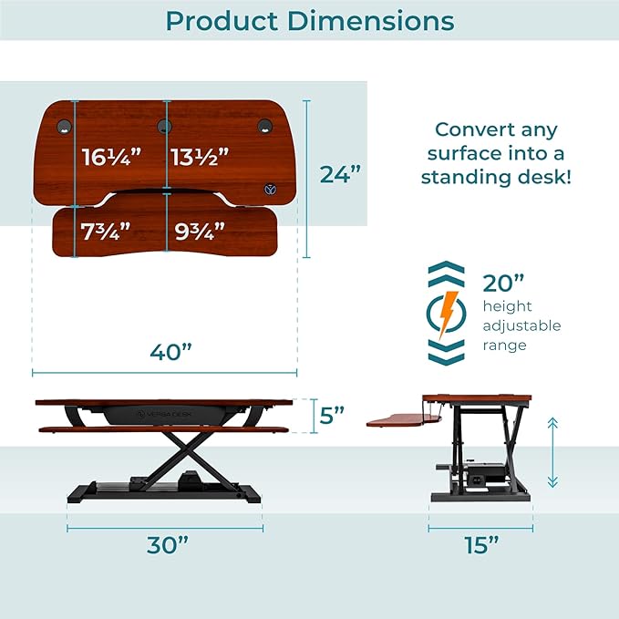 VERSADESK PowerPro™ 40” x 24” Standing Desk Converter | 7.75” - 23.5” Electric Height Adjustable Sit to Stand Desk Riser w/ Keyboard Tray & USB Hub - Ergonomic Workstation for Home & Office, Cherry