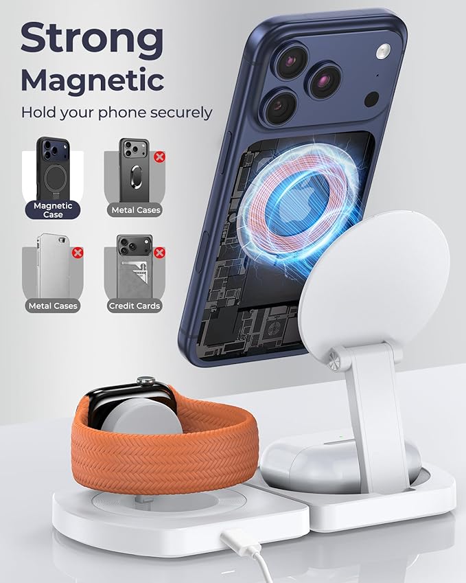 Wireless Charger for iPhone, 3-in-1 Magnetic Charging Station for Apple, MagSafe Charger Stand for iPhone 17 Air 16 15 14 13 12 Series, Airpods Pro, Apple Watch Ultra, Foldable, No Adapter, White