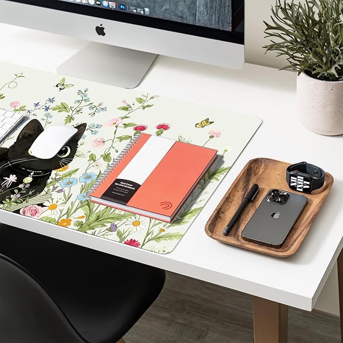 Cute Desk Mat, Floral Book Cat Large Mouse Pad for Desktop, PU Leather Waterproof Desk Pad, Anti-Slip Computer PC Laptop Protector Gaming Mouse Pads for Office Home Decorations (31.5" x 15.7")